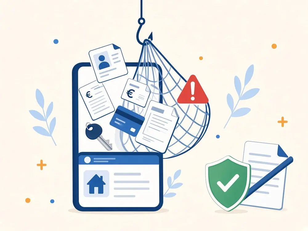 Illustration d'un téléphone affichant une annonce de maison, d'où s'échappent une carte d'identité, des fiches de paie, une carte bancaire et une clé qui tombent dans un filet de pêche, à côté d'un panneau d'alerte