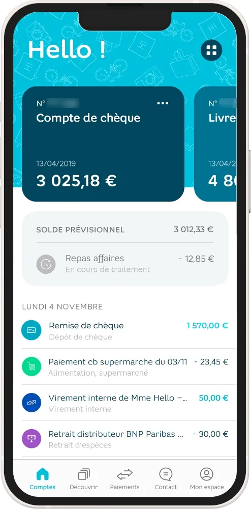 Écran d'une application bancaire sur smartphone : une « Remise de chèque » de 1 570,00 € apparaît en tête des opérations du lundi 4 novembre, et le compte affiche un solde de 3 025,18 €.
