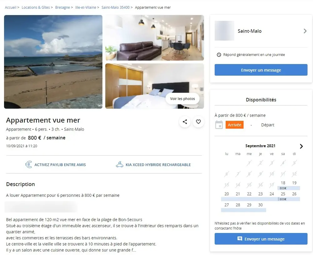 Capture d'une fausse annonce Leboncoin : appartement vue mer à Saint-Malo, 6 personnes, à partir de 800 € la semaine, adresse floutée.