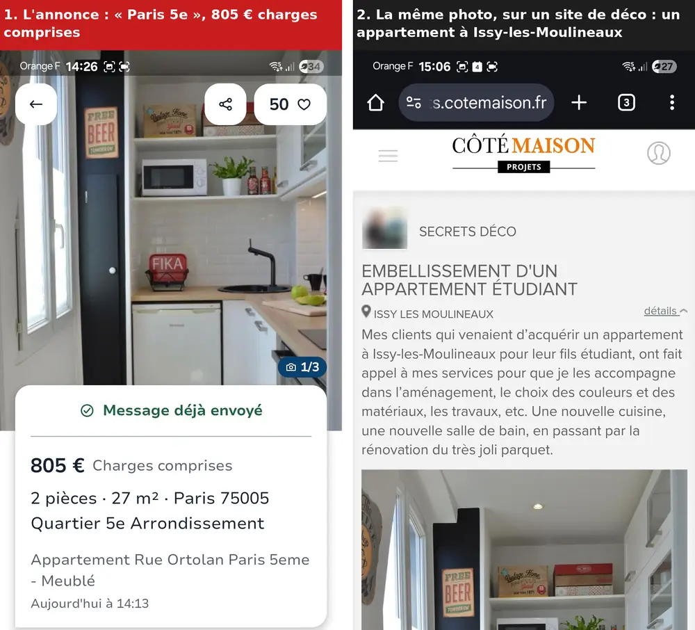 À gauche, une annonce Leboncoin : 2 pièces de 27 m² à Paris 5e, 805 € charges comprises. À droite, la même photo de cuisine sur un site de décoration, pour un appartement à Issy-les-Moulineaux.